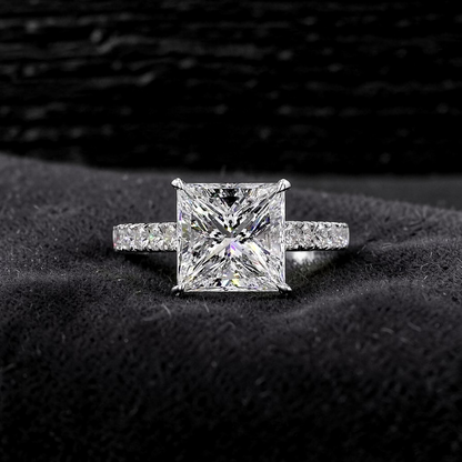 Ohime 4.01 cts. Natural Princess-Cut E i1 Diamond Cocktail Ring with Round White VVS Diamonds and 18K White Gold - GIA Certified-R10