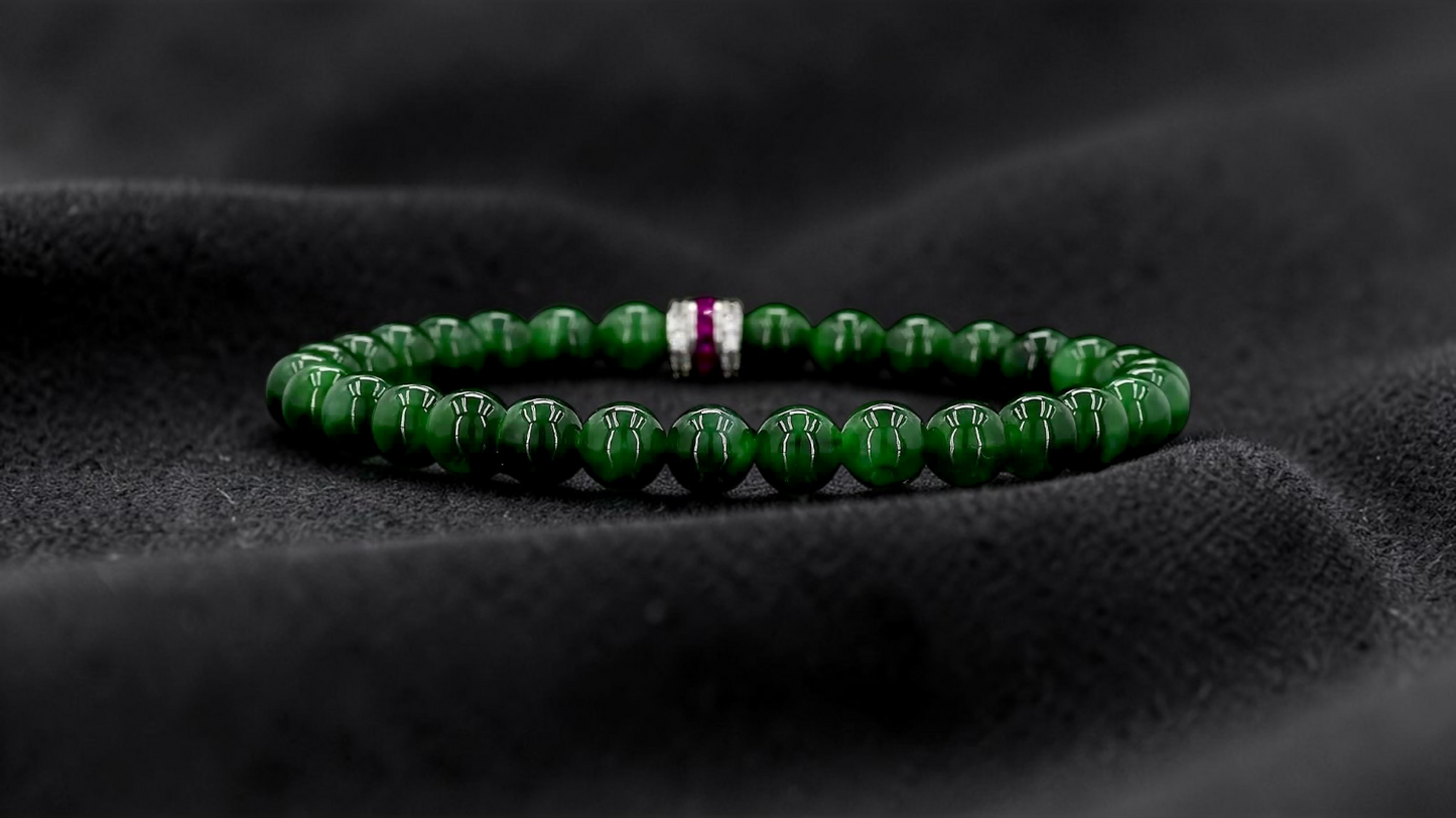 Certified Japanese Deep Apple Green Burmese A-Jade Beaded Bracelet (MADE IN JAPAN) (6 mm Each x 30 beads) 05043 (With Sterling Silver 925)