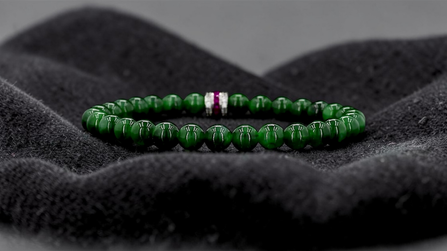 Certified Japanese Deep Apple Green Burmese A-Jade Beaded Bracelet (MADE IN JAPAN) (6 mm Each x 30 beads) 05043 (With Sterling Silver 925)