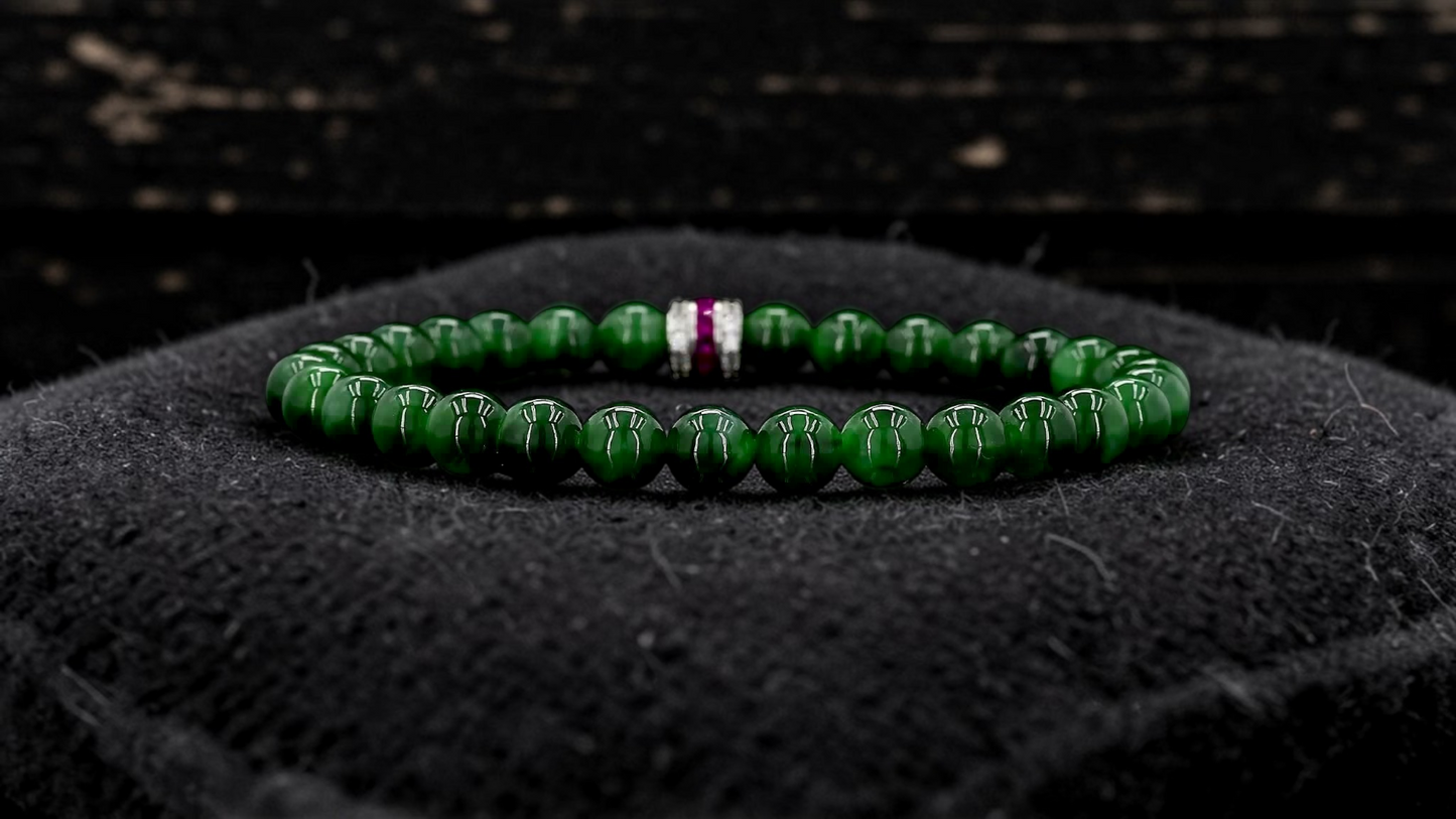 Certified Japanese Deep Apple Green Burmese A-Jade Beaded Bracelet (MADE IN JAPAN) (6 mm Each x 30 beads) 05043 (With Sterling Silver 925)