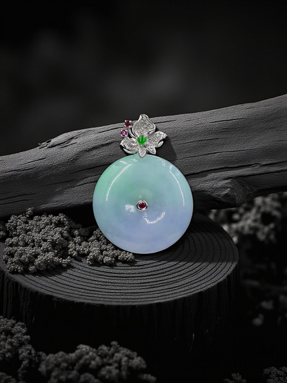 Jito Round Burmese A-Jadeite 24mm Icy Lavender and Green Donut Pendant (with 18K White Gold) - HKJSL Certified