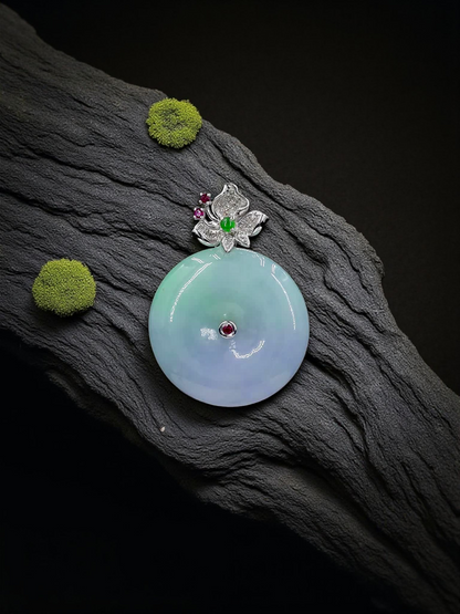 Jito Round Burmese A-Jadeite 24mm Icy Lavender and Green Donut Pendant (with 18K White Gold) - HKJSL Certified