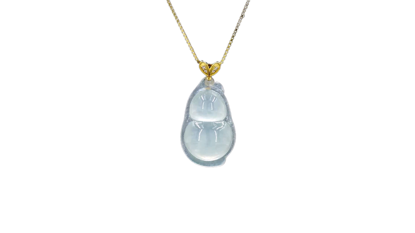 Niihama Gourd Icy White Burmese A-Jadeite Charm Pendant (with 18K Yellow Gold and White Diamonds) - Certified