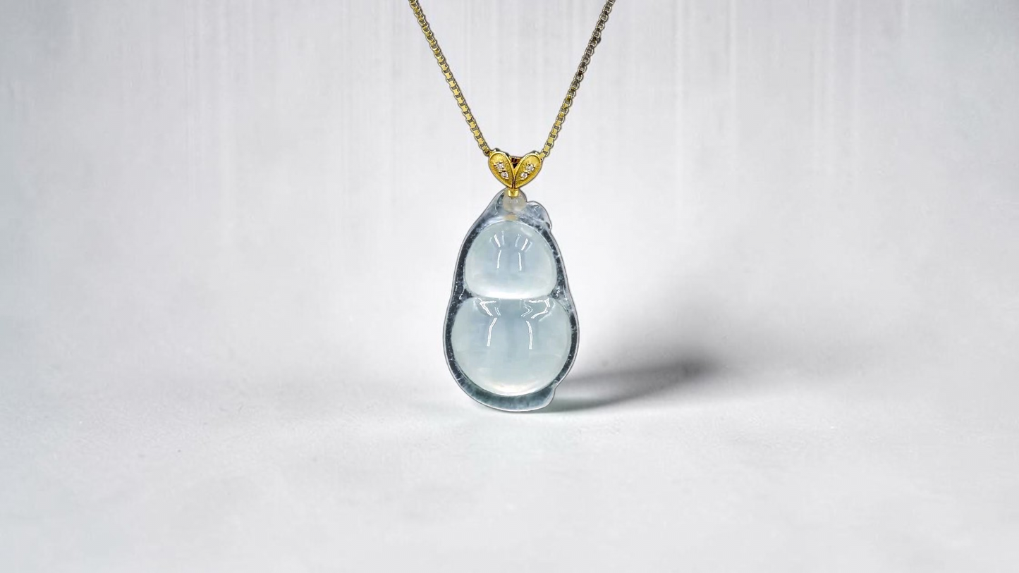 Niihama Gourd Icy White Burmese A-Jadeite Charm Pendant (with 18K Yellow Gold and White Diamonds) - Certified
