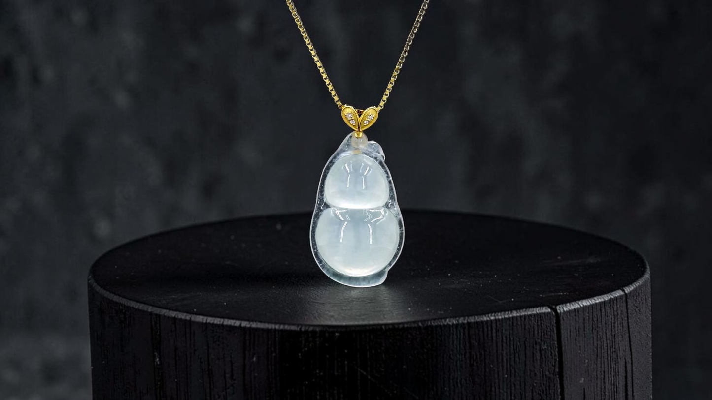 Niihama Gourd Icy White Burmese A-Jadeite Charm Pendant (with 18K Yellow Gold and White Diamonds) - Certified
