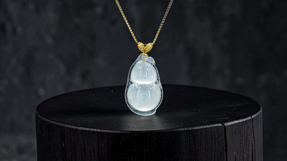 Niihama Gourd Icy White Burmese A-Jadeite Charm Pendant (with 18K Yellow Gold and White Diamonds) - Certified