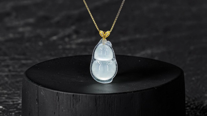 Niihama Gourd Icy White Burmese A-Jadeite Charm Pendant (with 18K Yellow Gold and White Diamonds) - Certified