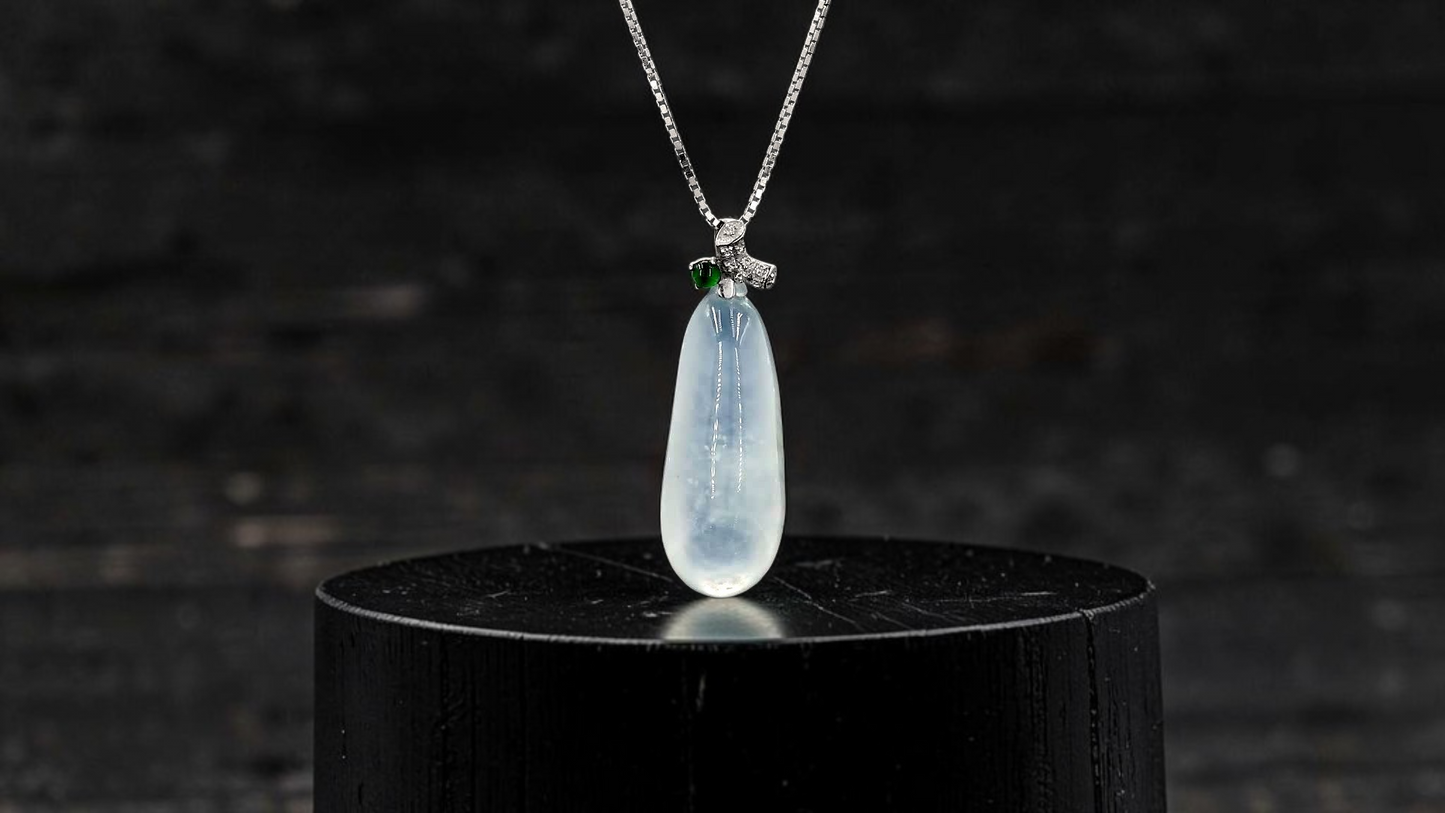 Seiyo Pear Icy White Burmese A-Jadeite Charm Pendant (with 18K White Gold and White Diamonds) - Certified