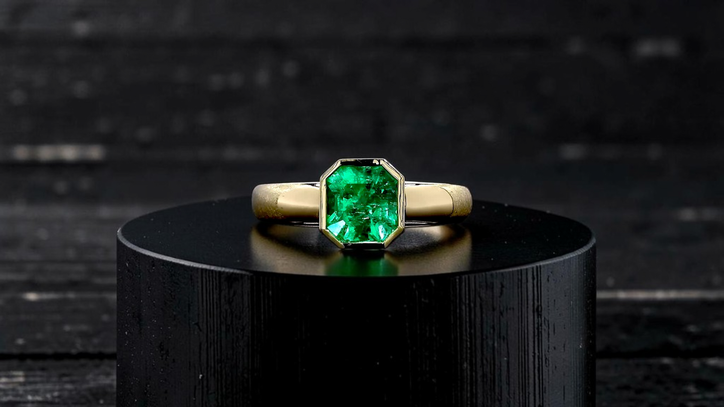 GIA Certified (F2) Choshi (Made in JAPAN) 1.61 cts. Bright Vivid Green Columbian Emerald Ring (with 18K Yellow Gold) Size US8.5  - R30