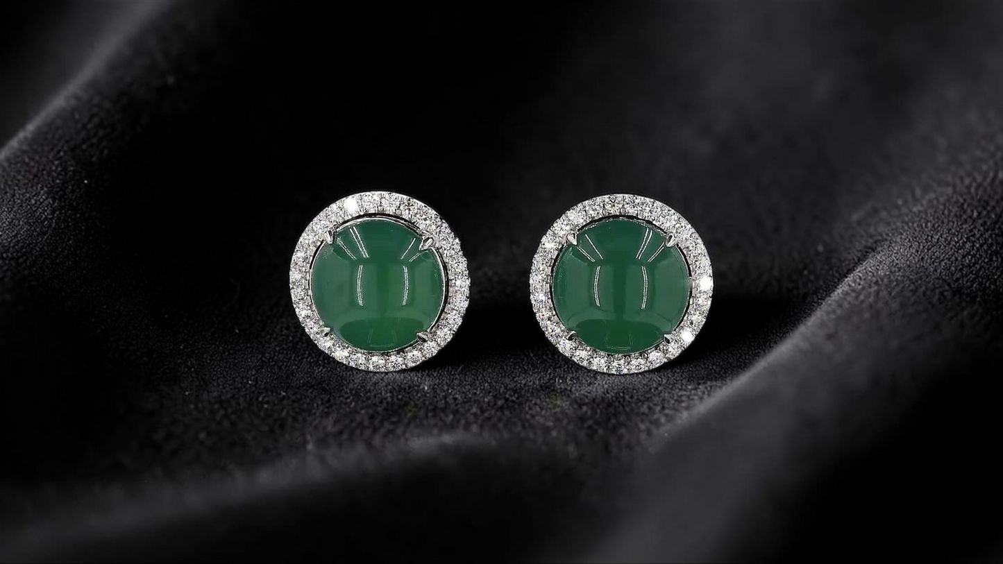 Eternal Sunshine Blue Green Burmese A-Jade Stud Earrings with Diamond Halo and 18K White Gold - Certified - V3