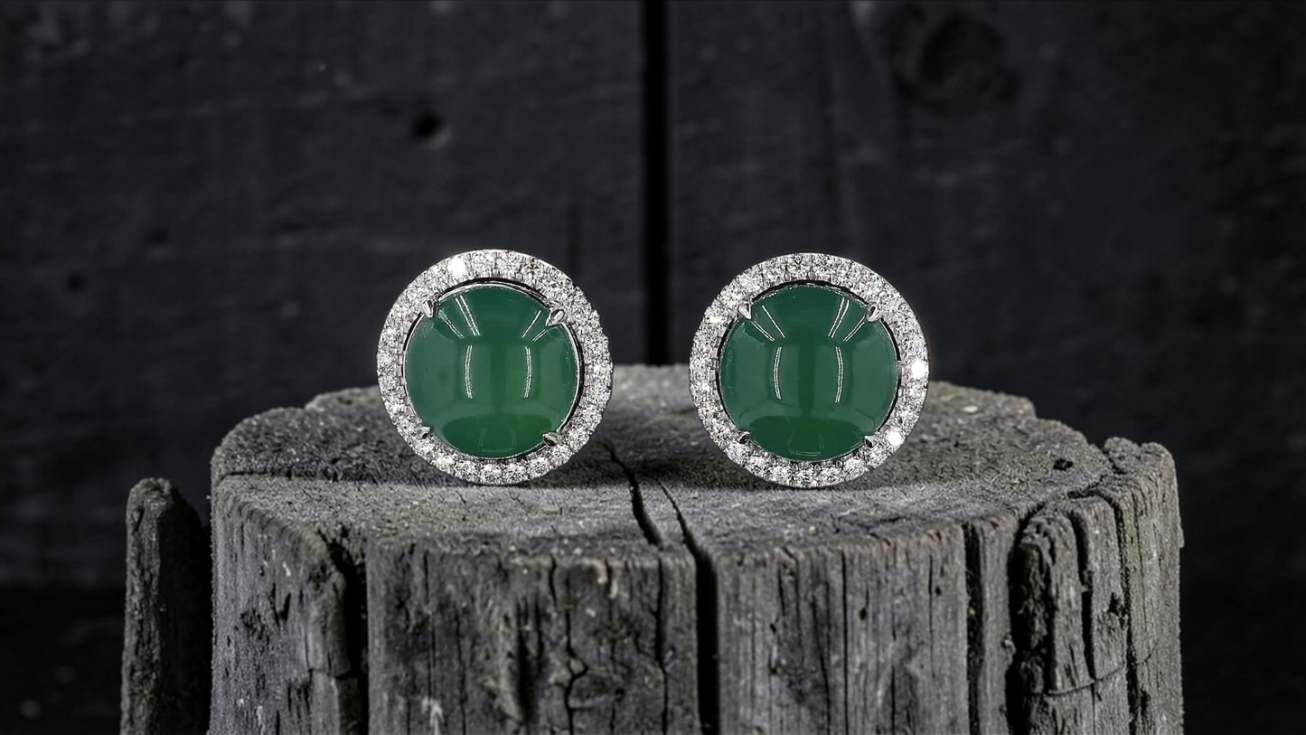 Eternal Sunshine Blue Green Burmese A-Jade Stud Earrings with Diamond Halo and 18K White Gold - Certified - V3