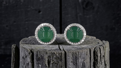 Eternal Sunshine Blue Green Burmese A-Jade Stud Earrings with Diamond Halo and 18K White Gold - Certified - V3