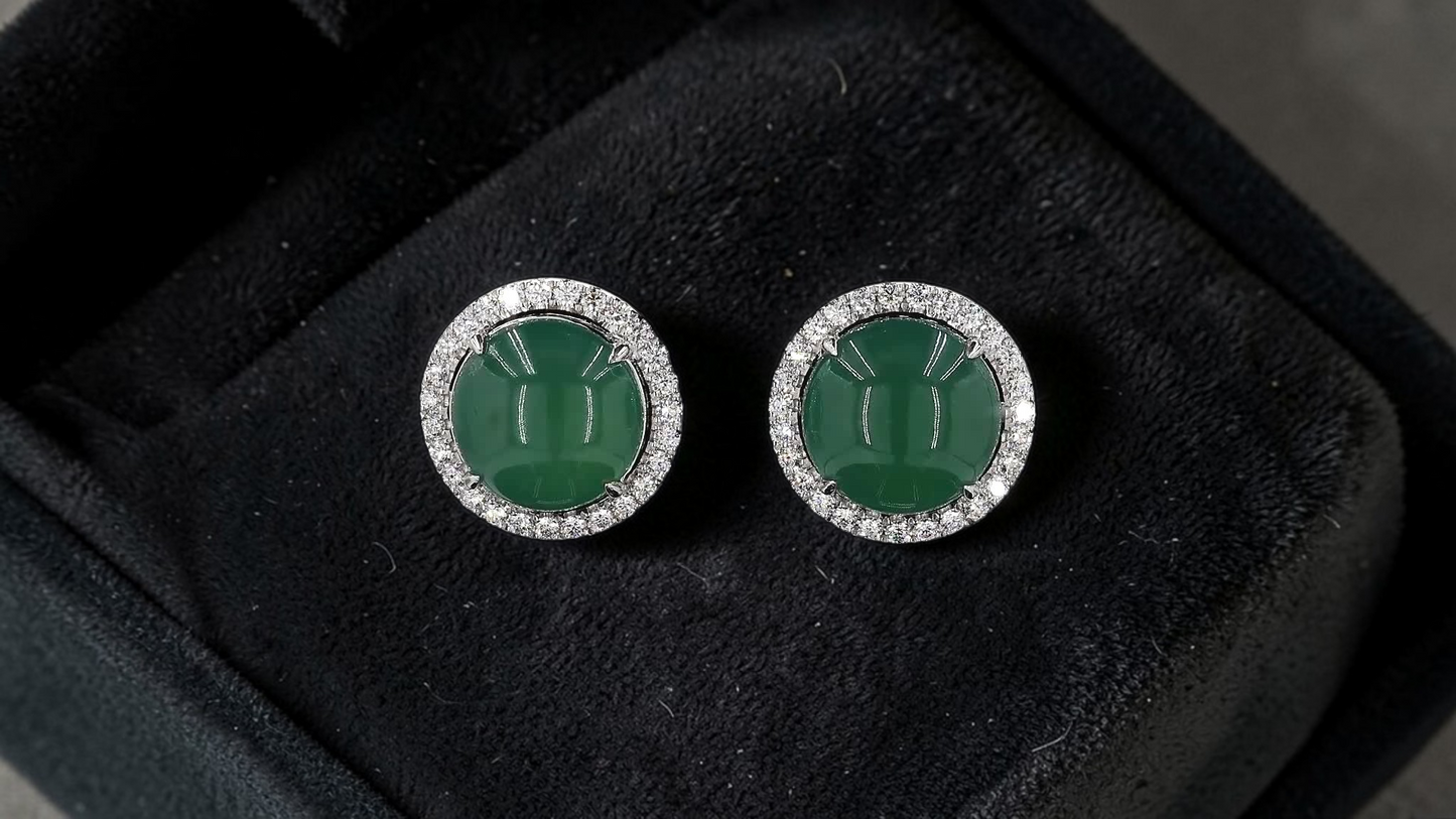Eternal Sunshine Blue Green Burmese A-Jade Stud Earrings with Diamond Halo and 18K White Gold - Certified - V3