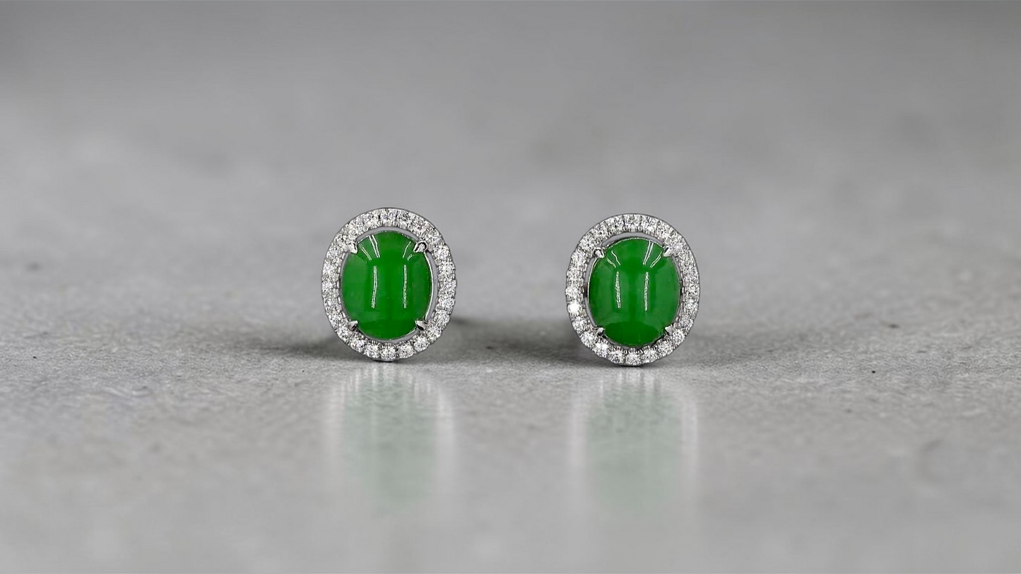 Eternal Sunshine Green Burmese A-Jade Stud Earrings with Diamond Halo and 18K White Gold - Certified - V4