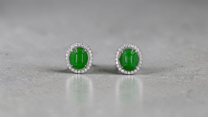 Eternal Sunshine Green Burmese A-Jade Stud Earrings with Diamond Halo and 18K White Gold - Certified - V4