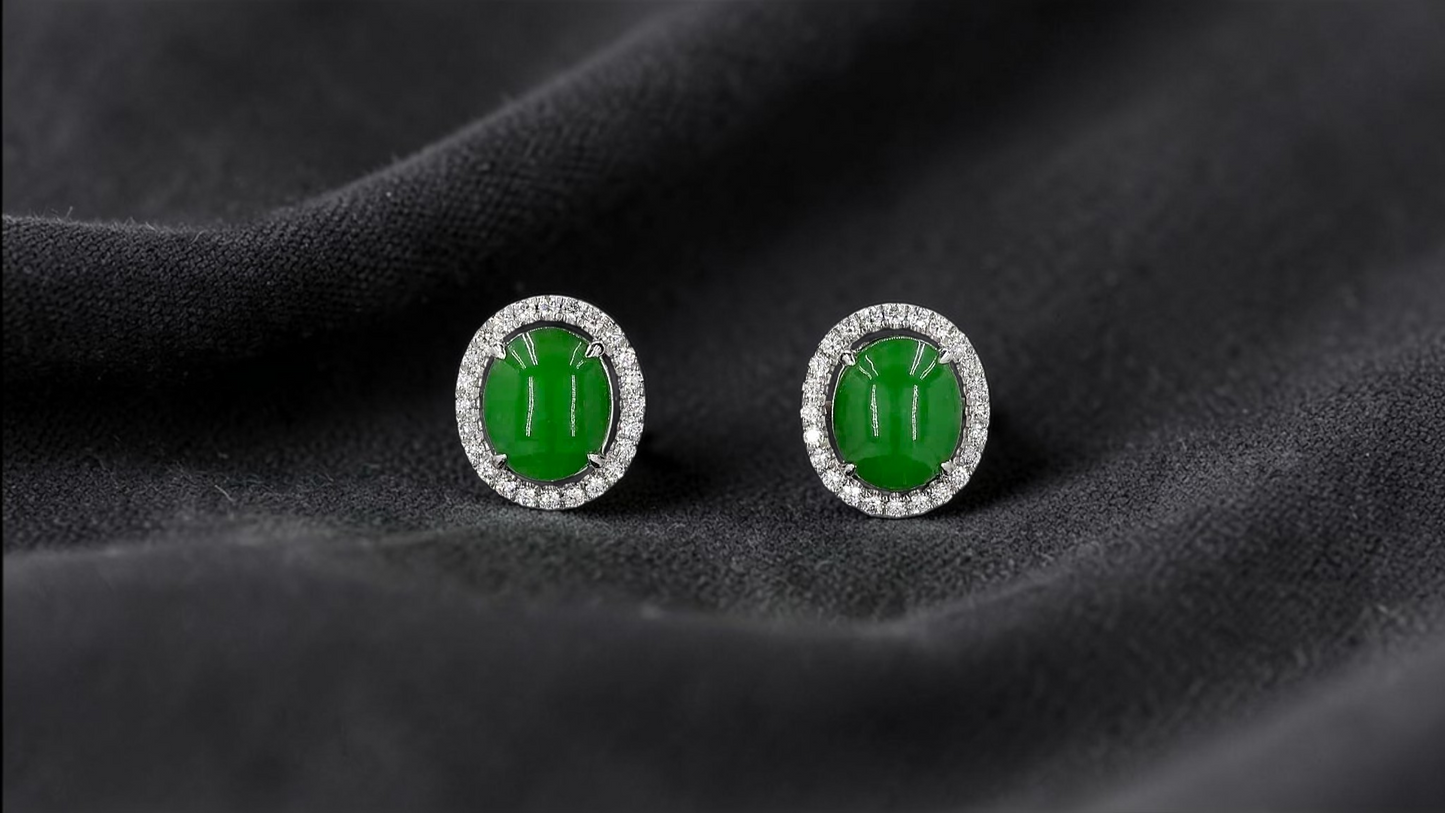 Eternal Sunshine Green Burmese A-Jade Stud Earrings with Diamond Halo and 18K White Gold - Certified - V4