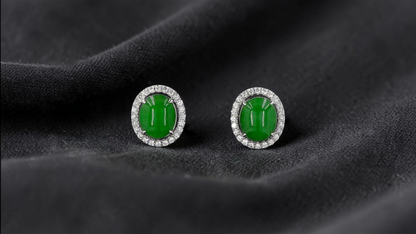 Eternal Sunshine Green Burmese A-Jade Stud Earrings with Diamond Halo and 18K White Gold - Certified - V4