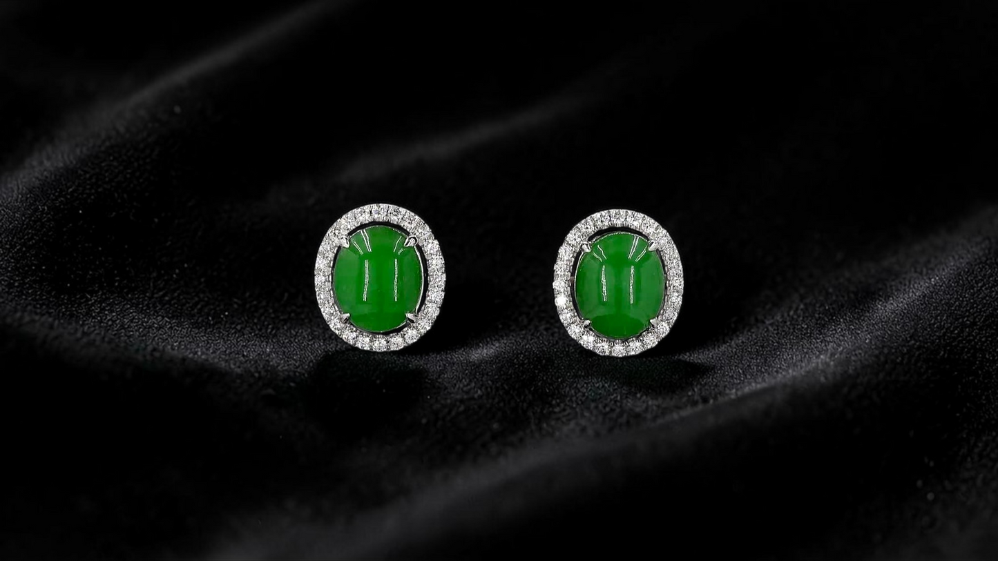 Eternal Sunshine Green Burmese A-Jade Stud Earrings with Diamond Halo and 18K White Gold - Certified - V4