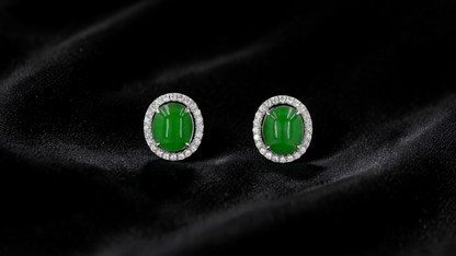 Eternal Sunshine Green Burmese A-Jade Stud Earrings with Diamond Halo and 18K White Gold - Certified - V4