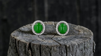 Eternal Sunshine Green Burmese A-Jade Stud Earrings with Diamond Halo and 18K White Gold - Certified - V4