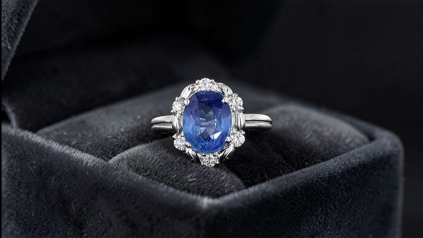 Toyohashi MADE IN JAPAN Certified Oval Shaped 3.17 cts. Cornflower Blue Sapphire Ring with Platinum 900 and White Diamonds Size US5 - R10