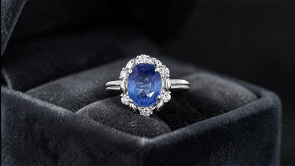 Toyohashi MADE IN JAPAN Certified Oval Shaped 3.17 cts. Cornflower Blue Sapphire Ring with Platinum 900 and White Diamonds Size US5 - R10