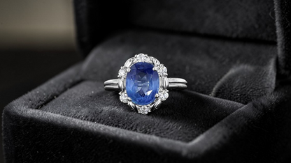 Toyohashi MADE IN JAPAN Certified Oval Shaped 3.17 cts. Cornflower Blue Sapphire Ring with Platinum 900 and White Diamonds Size US5 - R10