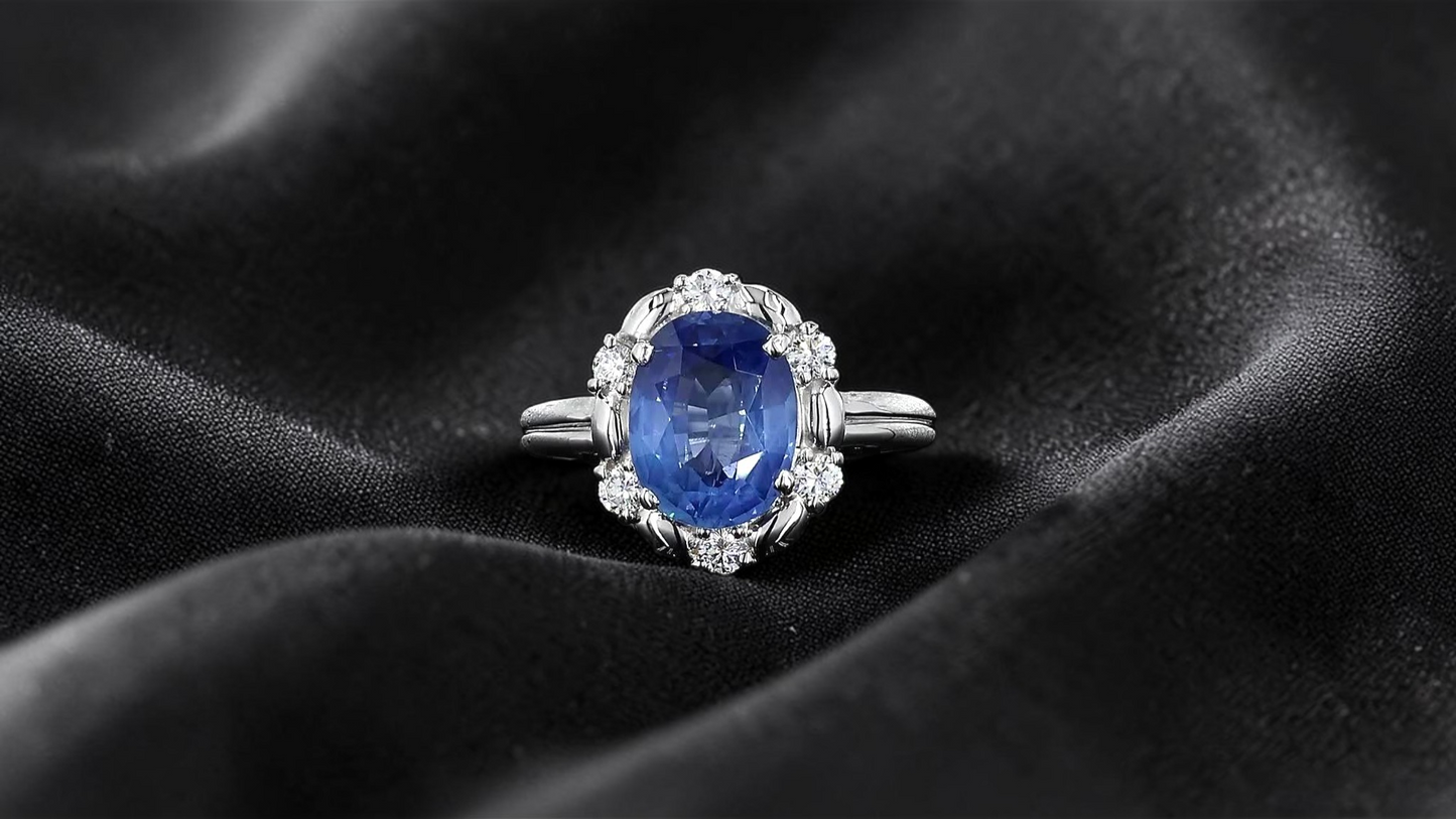 Toyohashi MADE IN JAPAN Certified Oval Shaped 3.17 cts. Cornflower Blue Sapphire Ring with Platinum 900 and White Diamonds Size US5 - R10