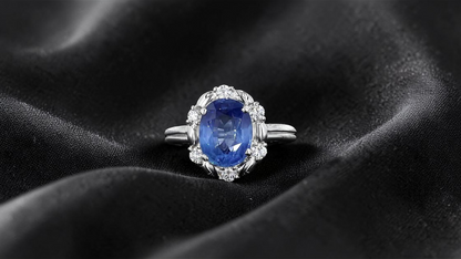 Toyohashi MADE IN JAPAN Certified Oval Shaped 3.17 cts. Cornflower Blue Sapphire Ring with Platinum 900 and White Diamonds Size US5 - R10