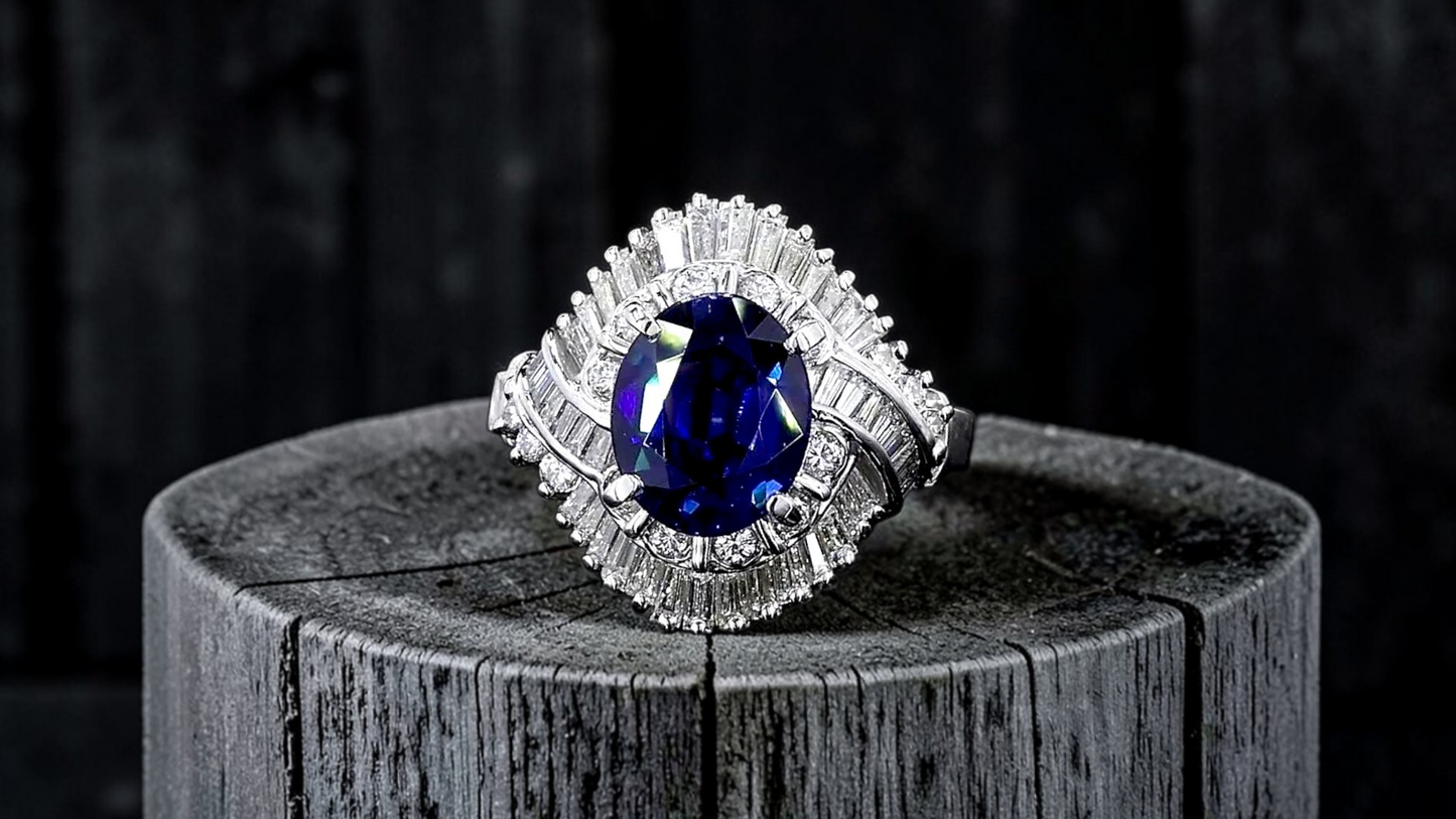 Okazaki MADE IN JAPAN Certified Oval Shaped 2.72 cts. Natural Royal Blue Sapphire Ring with Platinum 900 and White Diamonds Size US5  - R11