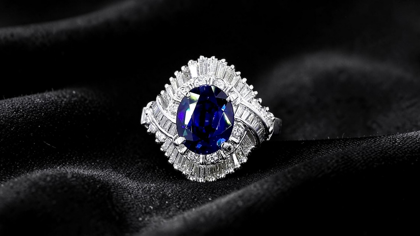 Okazaki MADE IN JAPAN Certified Oval Shaped 2.72 cts. Natural Royal Blue Sapphire Ring with Platinum 900 and White Diamonds Size US5  - R11