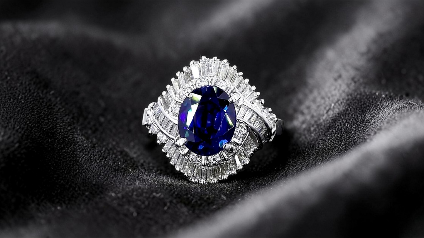 Okazaki MADE IN JAPAN Certified Oval Shaped 2.72 cts. Natural Royal Blue Sapphire Ring with Platinum 900 and White Diamonds Size US5  - R11