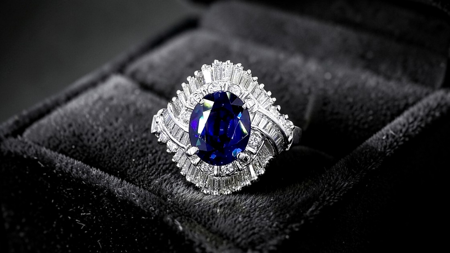 Okazaki MADE IN JAPAN Certified Oval Shaped 2.72 cts. Natural Royal Blue Sapphire Ring with Platinum 900 and White Diamonds Size US5  - R11