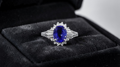 Ichinomiya MADE IN JAPAN Certified Oval Shaped 1.93 cts. Natural Blue Sapphire Ring with Platinum 900 and White Diamonds Size US6.5  - R12