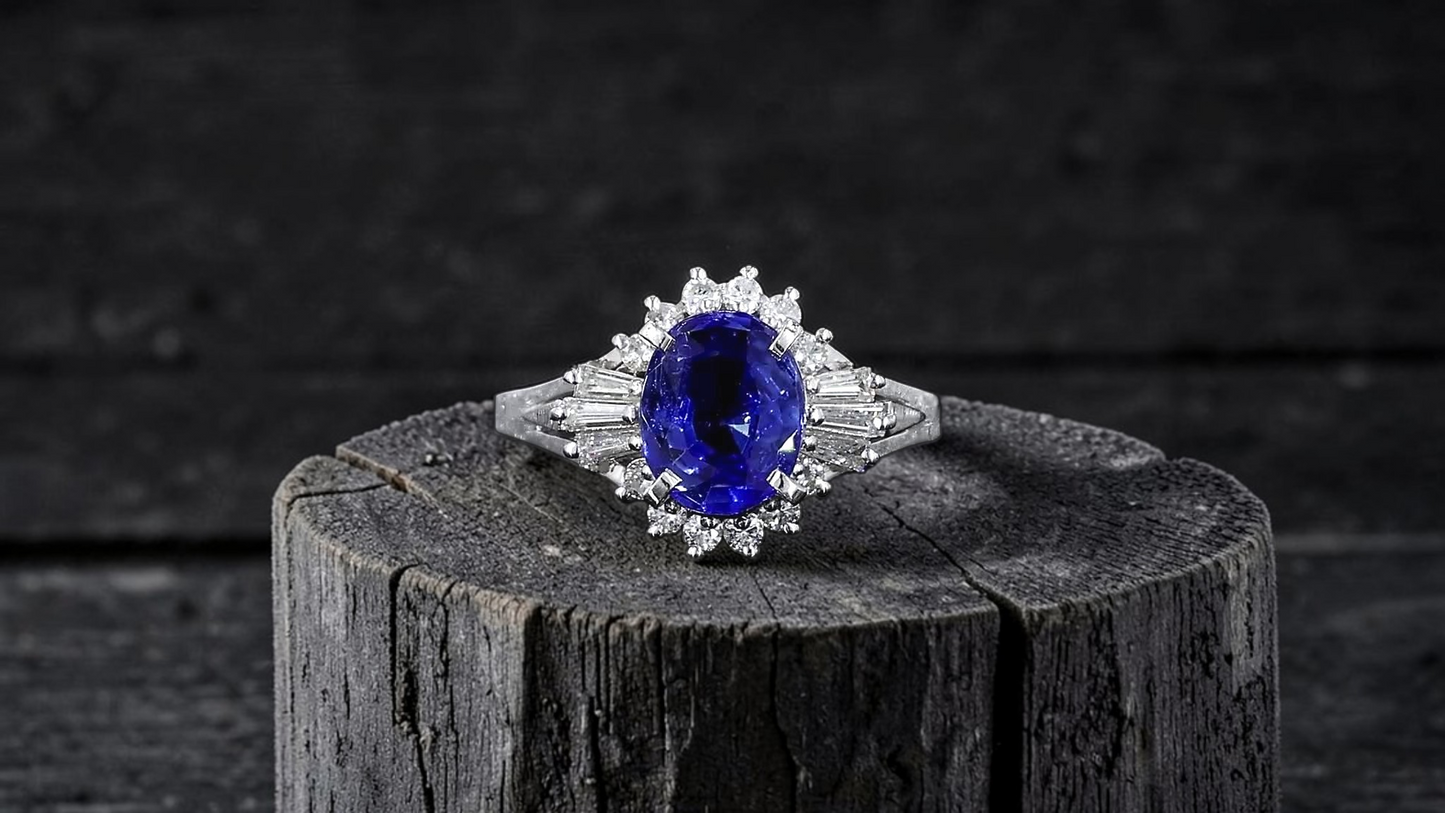 Ichinomiya MADE IN JAPAN Certified Oval Shaped 1.93 cts. Natural Blue Sapphire Ring with Platinum 900 and White Diamonds Size US6.5  - R12