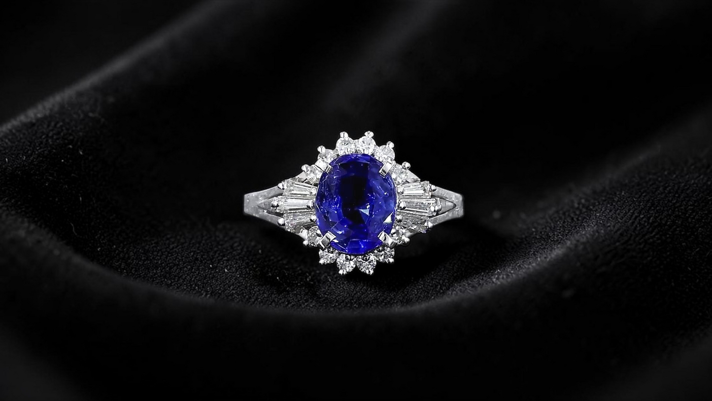 Ichinomiya MADE IN JAPAN Certified Oval Shaped 1.93 cts. Natural Blue Sapphire Ring with Platinum 900 and White Diamonds Size US6.5  - R12