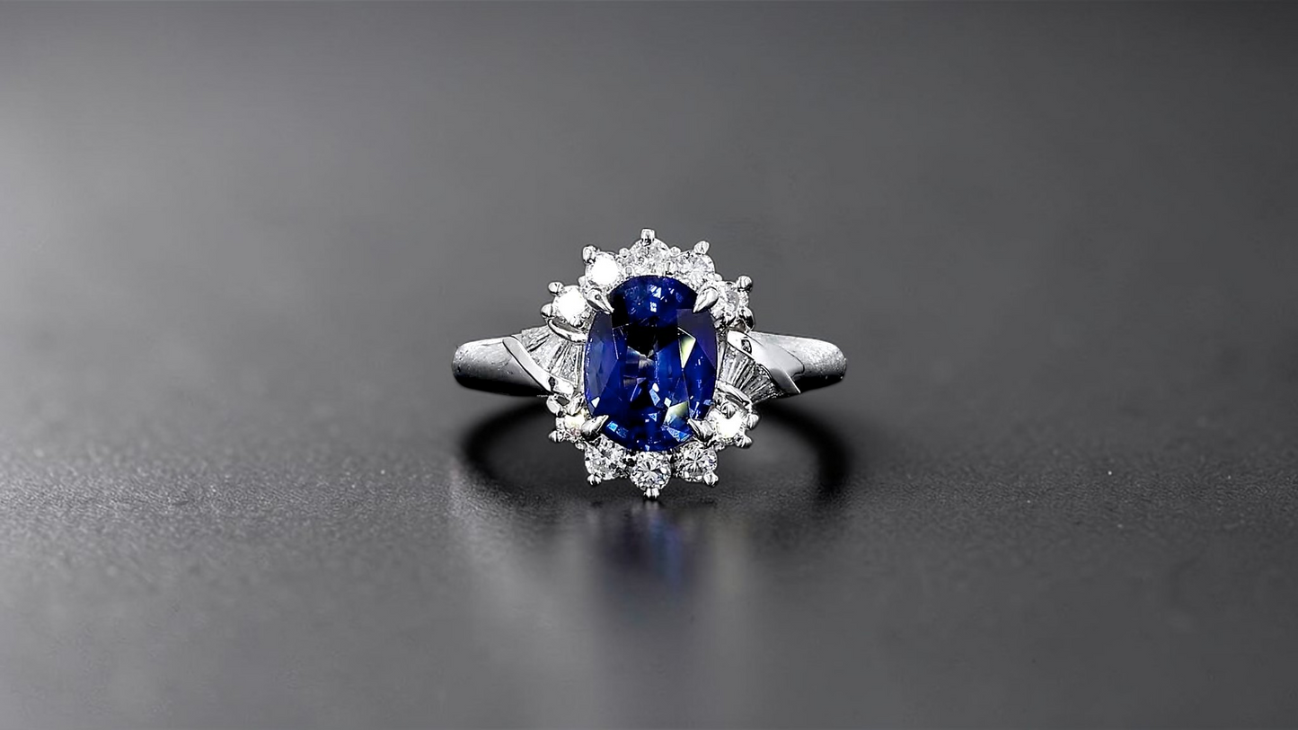 Seto MADE IN JAPAN Certified Oval Shaped 1.80 cts. Natural Deep Blue Sapphire Ring with Platinum 900 and White Diamonds Size US5.5  - R13