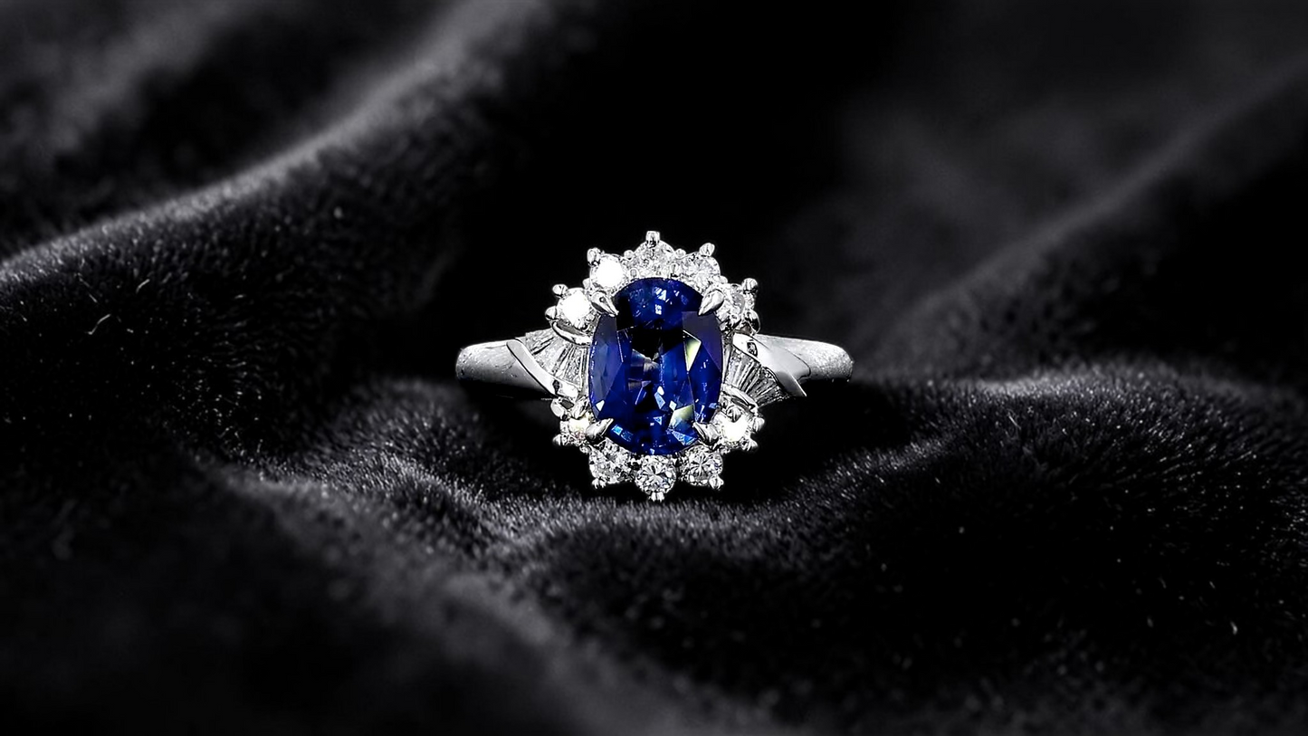 Seto MADE IN JAPAN Certified Oval Shaped 1.80 cts. Natural Deep Blue Sapphire Ring with Platinum 900 and White Diamonds Size US5.5  - R13