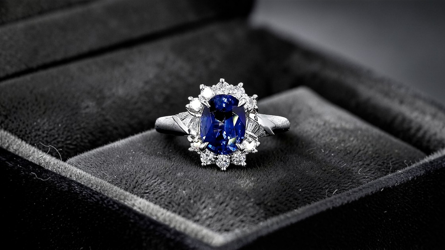 Seto MADE IN JAPAN Certified Oval Shaped 1.80 cts. Natural Deep Blue Sapphire Ring with Platinum 900 and White Diamonds Size US5.5  - R13