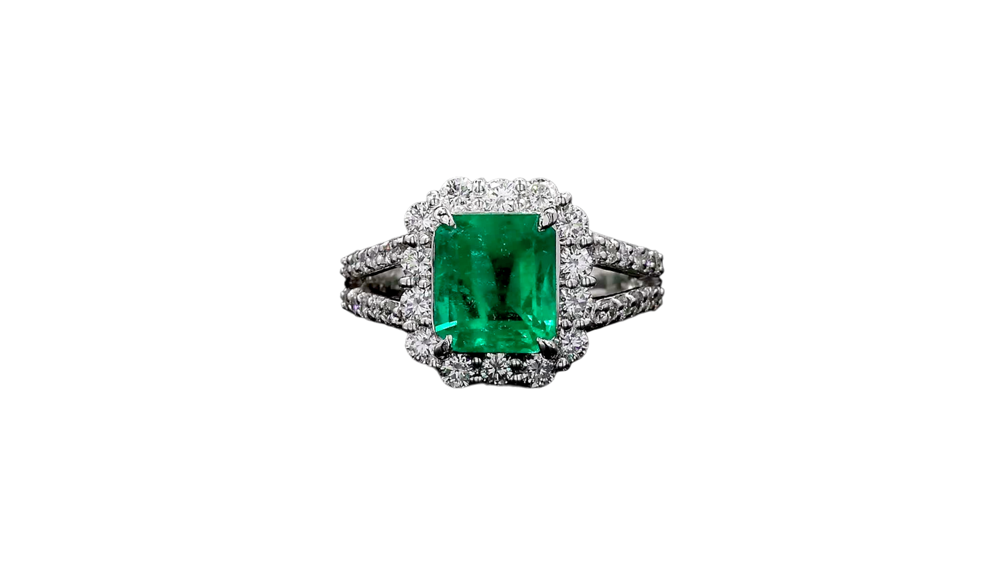 Handa MADE IN JAPAN Certified 2.34 cts. Minor Oil Vivid Green Columbian Emerald Ring with Platinum 900 and White Diamonds Size US6  - R14