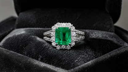 Handa MADE IN JAPAN Certified 2.34 cts. Minor Oil Vivid Green Columbian Emerald Ring with Platinum 900 and White Diamonds Size US6  - R14