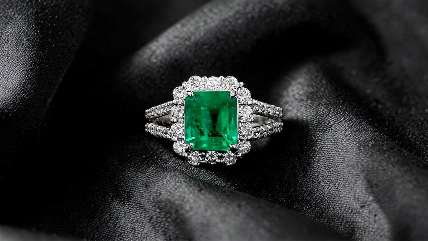 Handa MADE IN JAPAN Certified 2.34 cts. Minor Oil Vivid Green Columbian Emerald Ring with Platinum 900 and White Diamonds Size US6  - R14