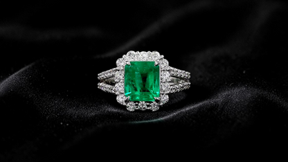 Handa MADE IN JAPAN Certified 2.34 cts. Minor Oil Vivid Green Columbian Emerald Ring with Platinum 900 and White Diamonds Size US6  - R14