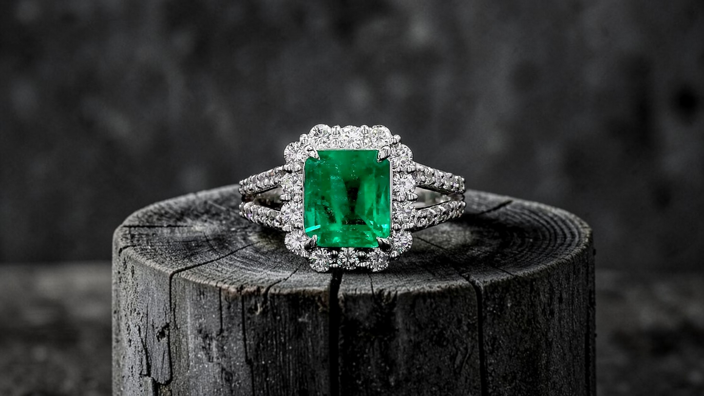 Handa MADE IN JAPAN Certified 2.34 cts. Minor Oil Vivid Green Columbian Emerald Ring with Platinum 900 and White Diamonds Size US6  - R14
