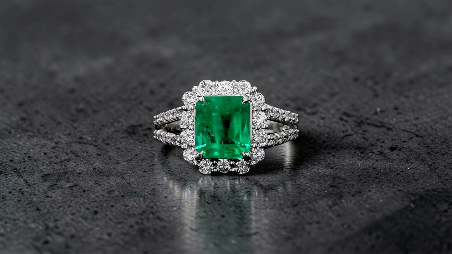 Handa MADE IN JAPAN Certified 2.34 cts. Minor Oil Vivid Green Columbian Emerald Ring with Platinum 900 and White Diamonds Size US6  - R14