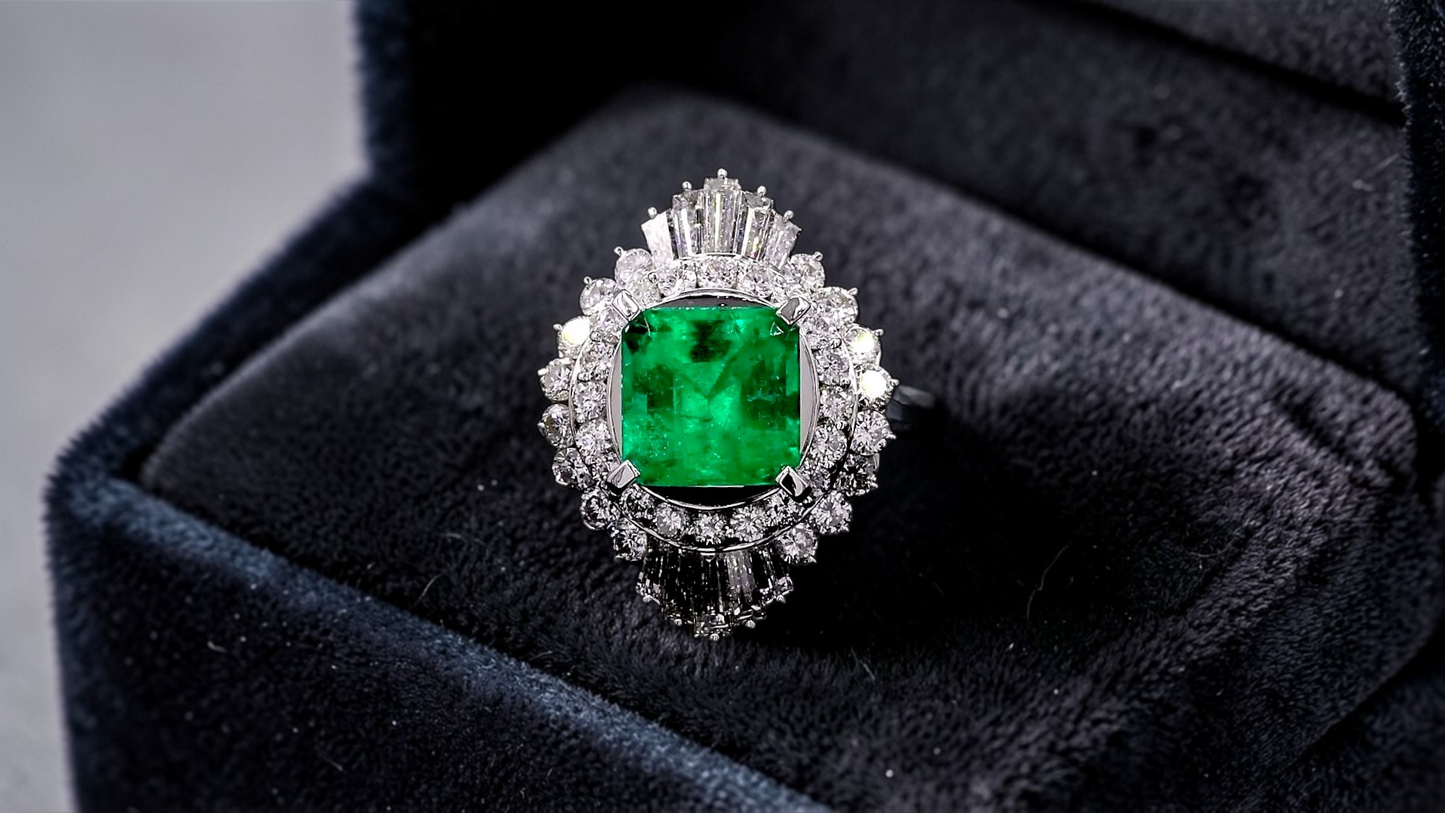 Kasugai MADE IN JAPAN Certified 3.17 cts. Vivid Green Columbian Emerald Ring with Platinum 900 and White Diamonds Size US4.5  - R15