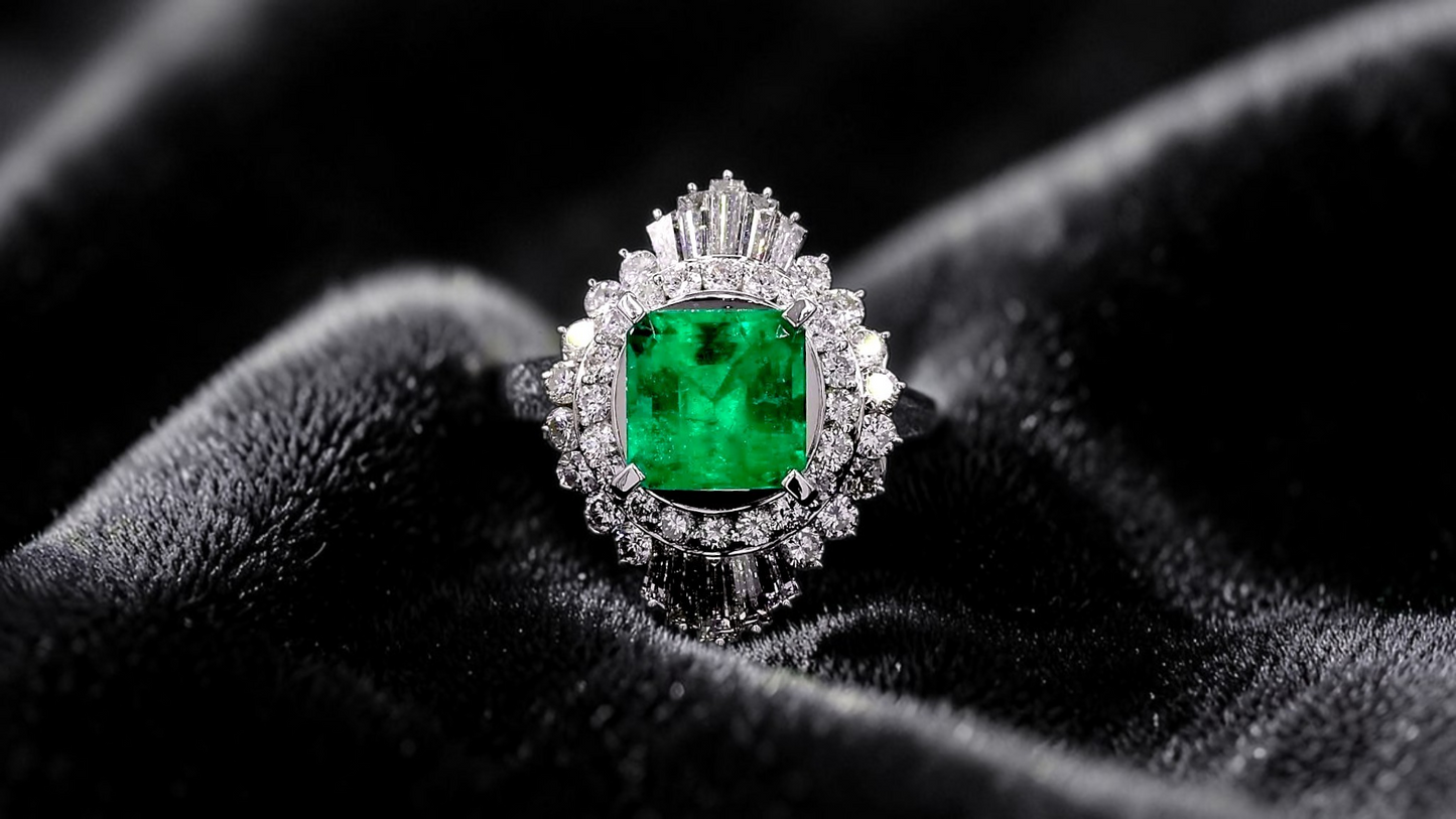 Kasugai MADE IN JAPAN Certified 3.17 cts. Vivid Green Columbian Emerald Ring with Platinum 900 and White Diamonds Size US4.5  - R15