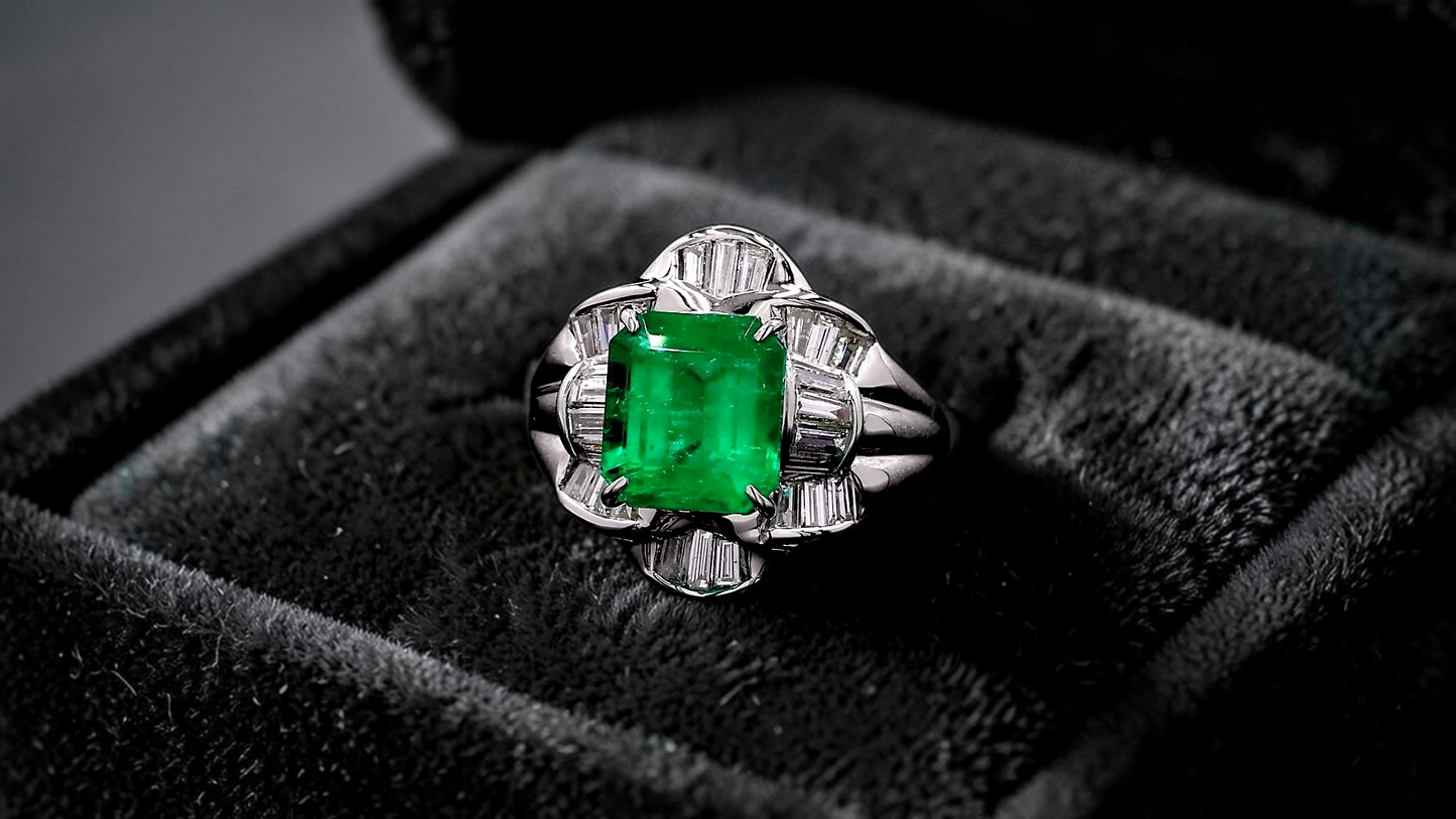 Nishio MADE IN JAPAN Certified 3.51 cts. Muzo Vivid Green Columbian Emerald Ring with Platinum 900 and White Diamonds Size US6  - R16