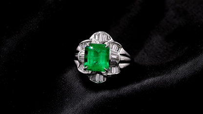 Nishio MADE IN JAPAN Certified 3.51 cts. Muzo Vivid Green Columbian Emerald Ring with Platinum 900 and White Diamonds Size US6  - R16
