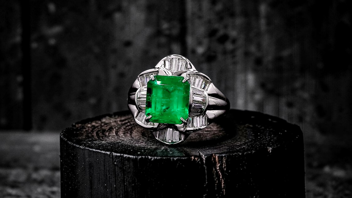 Nishio MADE IN JAPAN Certified 3.51 cts. Muzo Vivid Green Columbian Emerald Ring with Platinum 900 and White Diamonds Size US6  - R16